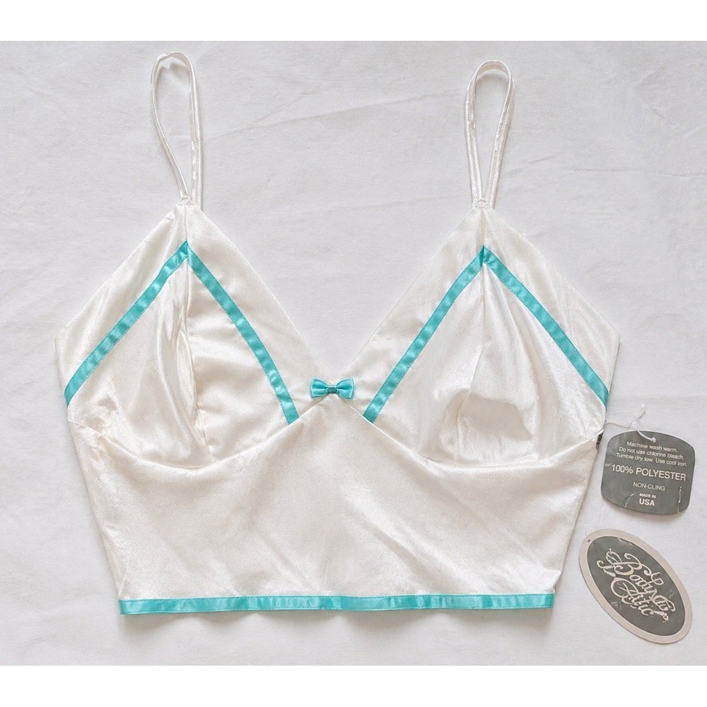 Body Chic Camisole Top Medium White Turquoise Bow Satin Trim Vintage Lingerie